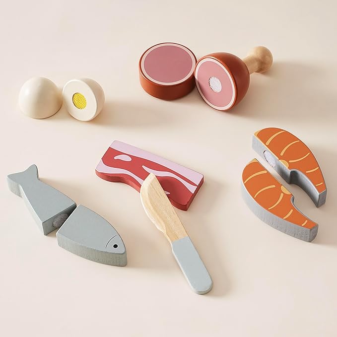 ROBOTIME Wooden Play Food Cutting Meat & Eggs Set, Pretend Play Toy Food for Play Kitchen with Shopping Bag – Kids Kitchen Accessories, Wooden Food Toys for Boys & Girls