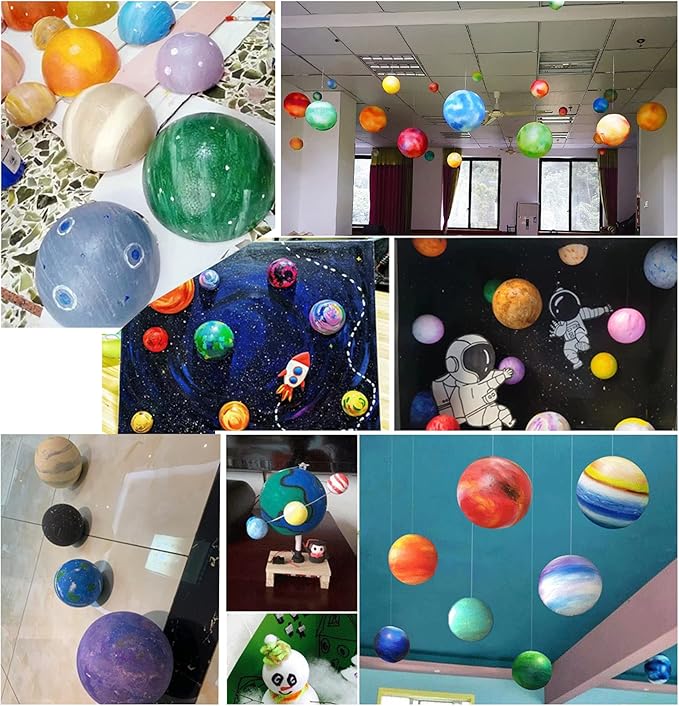 Acrice Solar System Model Kit for Kids Includes 14PCS Mixed Sized Foam Balls, 12PCS Bamboo Sticks, 12 Color Pigments, 2PCS Painting Brushes for School Science Projects and DIY Planet Handcraft