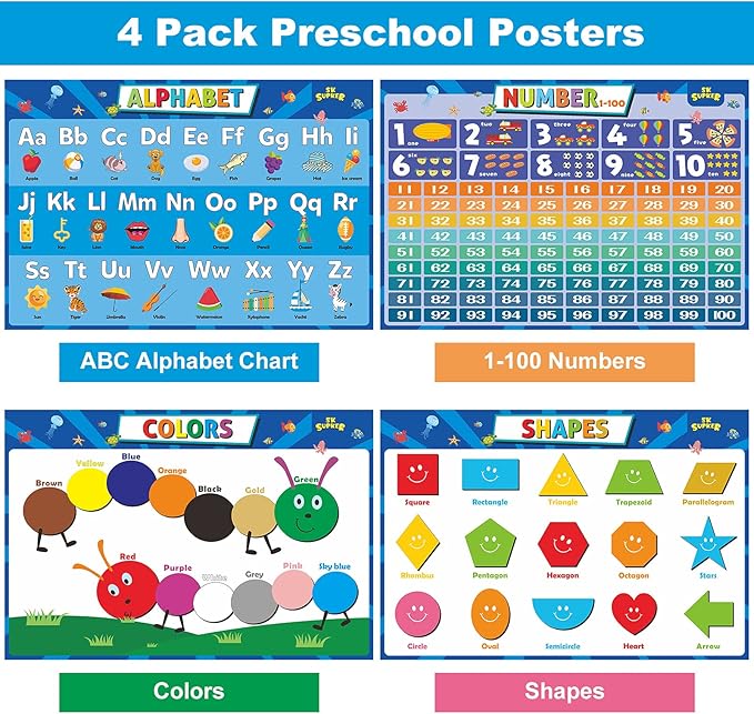 SK SUPKER 4Pack ABC Alphabet Chart + Numbers 1-100 + Shapes + Colors Poster Set, Toddler Educational Learning Posters Kindergarten Classroom Wall Decor Art (17 x 11inch)