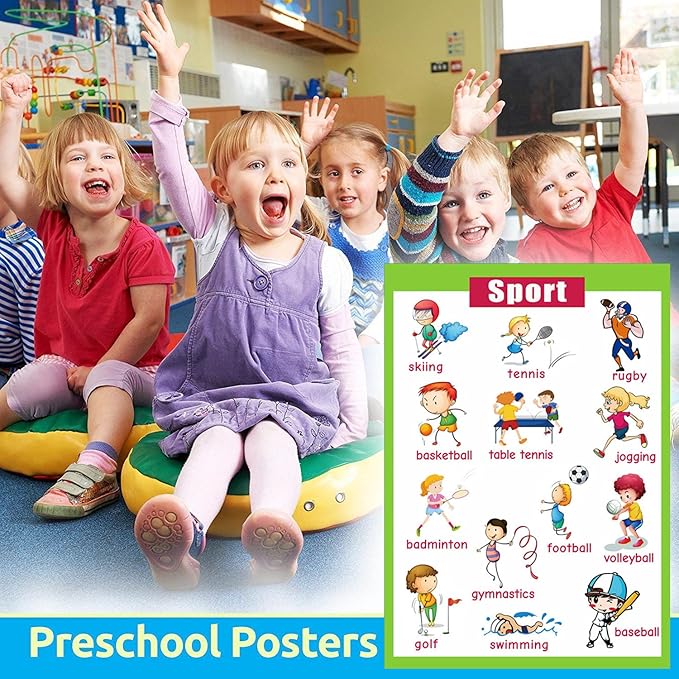 SANTSUN 4 Educational Preschool Posters | Educational Wall Charts | school decorations classroom organization for Kindergarten-42x60cm(17x24 inch)– sports,classroom supplies,prepositions,antonyms