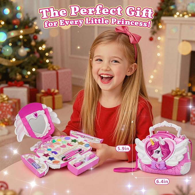 Unicorn Kids Makeup Kit with Mirror & Strap, Real Washable Make Up Set Princess Toys Unicorn Toys for Girls Age 4-6 5-7 6-8 8-13,Girls Toys Stocking Stuffers for Kids,Birthday Gifts for 3-12 Year Old