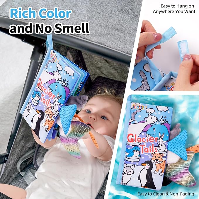 Jollybaby Baby Cloth Books, Touch & Feel Crinkle Soft Books, for Infants Babies, Toddler Early Educational Interactive Stroller Toys, Baby Girl & Boy Gift(Glacier Tails)