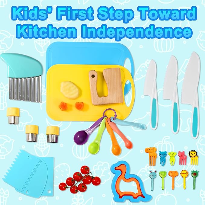 30 Pieces Toddler Knife Set, Kids Knives for Real Cooking, Kids Cooking Sets Real-Montessori Kitchen Tools with Cutting Board Crinkle Cutters Kid Safe Knives