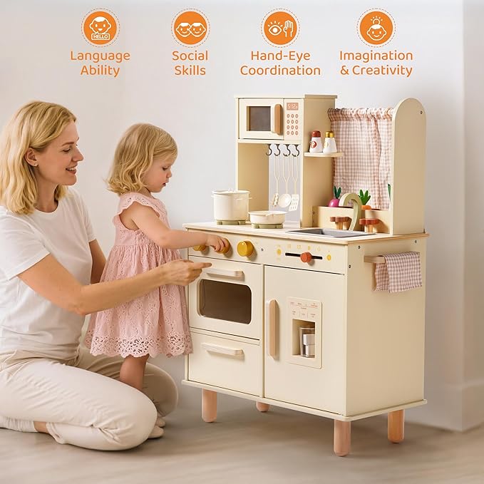 ROBOTIME Wooden Play Kitchen Set for Kids, Pretend Toddler Kitchen with Microwave, Sink, Stove & Ice Maker, Kids Kitchen Playset Gift for Boys and Girls Ages 3+ (Beige)
