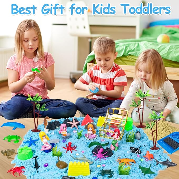 57Pcs Sensory Bin Toys, Ocean Mermaid Sensory Bin Sandbox for Kids Ages 2 3 4 5 6 7 8 with 2.64lbs Magic Sand, Castle Moulds, 4 Mermaids & 30 Sea Animals, Toddlers Play Sand Art Kits Gifts