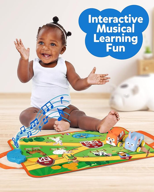 Coogam Musical Cars Play Mat for 1 2 3 Year Old Toddlers Easter Basket Stuffers, Soft Pull-Back Vehicle Set with Farm Animals Playmat Rug, Baby Fine Motor Montessori Toys Game