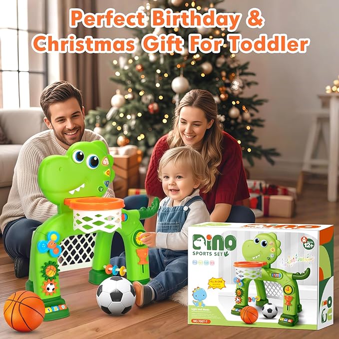 Toddler Basketball Hoop & Soccer Goal, Baby Toys for 1 2 3 Year Old Boys Girls, Kids Sports Toy with Light Sound Music, Dinosaur Toys for 12-16-18 Months, Christmas Birthday Gifts for Ages 1-3