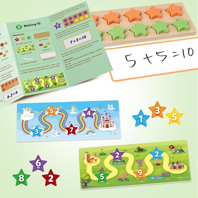 SYNARRY Wooden Ten-Frame Set Math Manipulatives for Kindergarten Classroom Elementary 1st 2nd Grade, Montessori Toys Gifts for 3-8, Addition and Subtraction Counters Math Games for Kids Ages 6-8