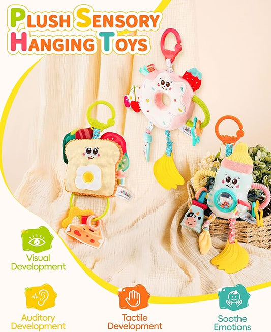 Jollybaby Baby Pull Vibration Toy - Tummy Time Sensory Hanging Toys for Car Seat, Stroller, Crib & Play Gym, with Babier Teether, Airplane Travel Toys for Toddlers Gift - Baby Bottle