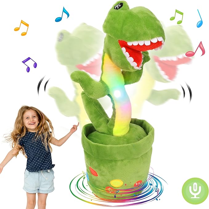 Hopearl Glowing Dancing Dinosaur Toy Repeats What You Say Talking T-Rex Toy Wriggle Singing Mimicking Twisting Light Up Interactive Animated Toy Speaking Plush Gift for Kids, Green, 13''