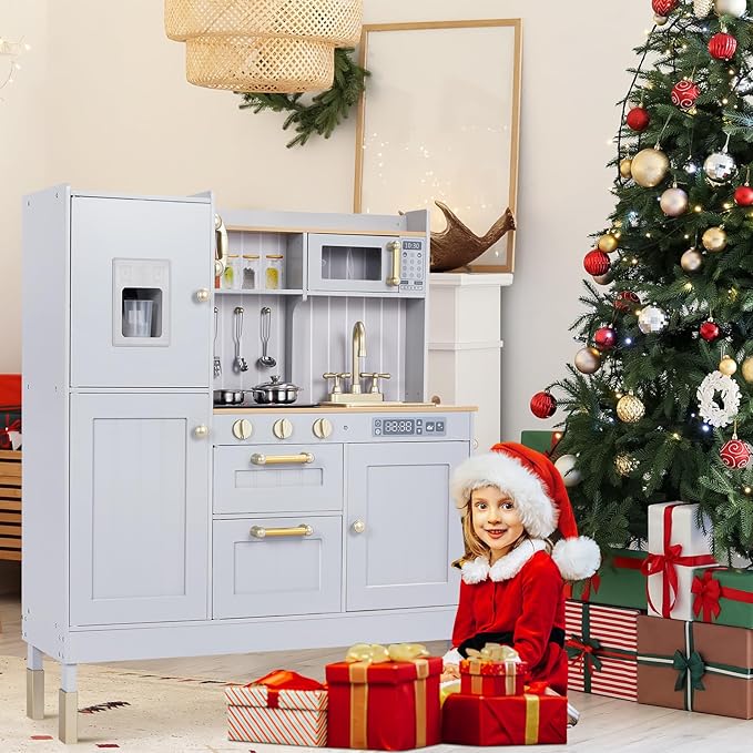 Wooden Play Kitchen for Kids, Toddler Vintage Kitchen Toy Set w/Pretend Phone, Ice Maker, Towel Rack, Height Adjustable Realistic Playset Chef w/Light & Sound (Gray)