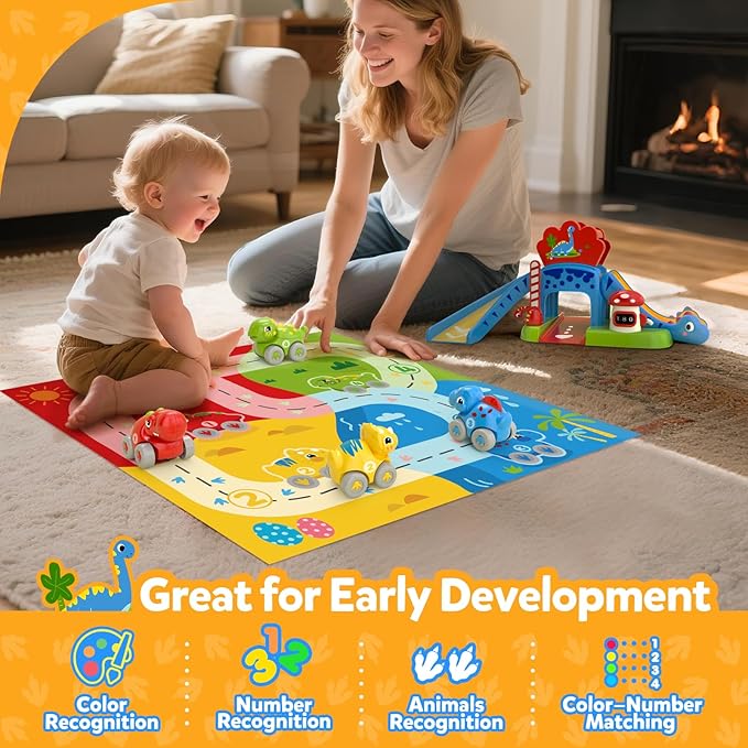 Toddler Toys for 1 2 Year Old Boy Gifts - Educational Dinosaur Slide Set with 4 Color/Number Push Cars and Playmat, Montessori Learning Toy for Baby 12-18 Months, 1st Birthday Present Ages 1-2, Red