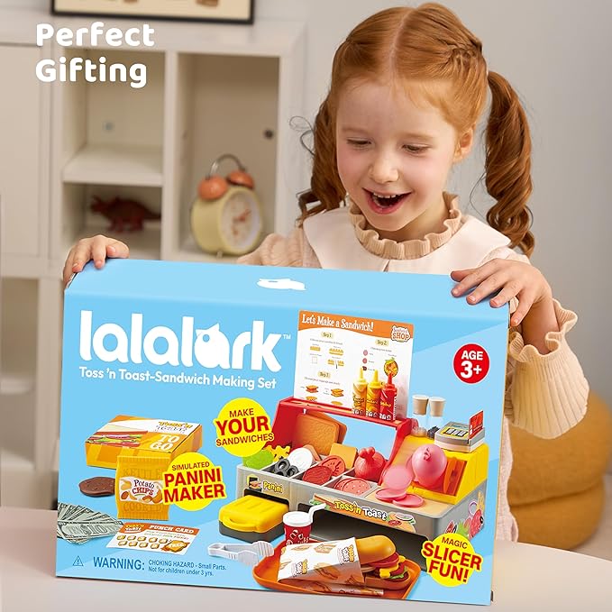 Play Restaurant Toy and Pretend Play Food for Kids, Play Kitchen Accessories Include Sandwich Maker Toy with Slicer for Ham, Menu and Ingredients, Food Toy for 3 4 5 6 Year Old Girls Birthday Gift