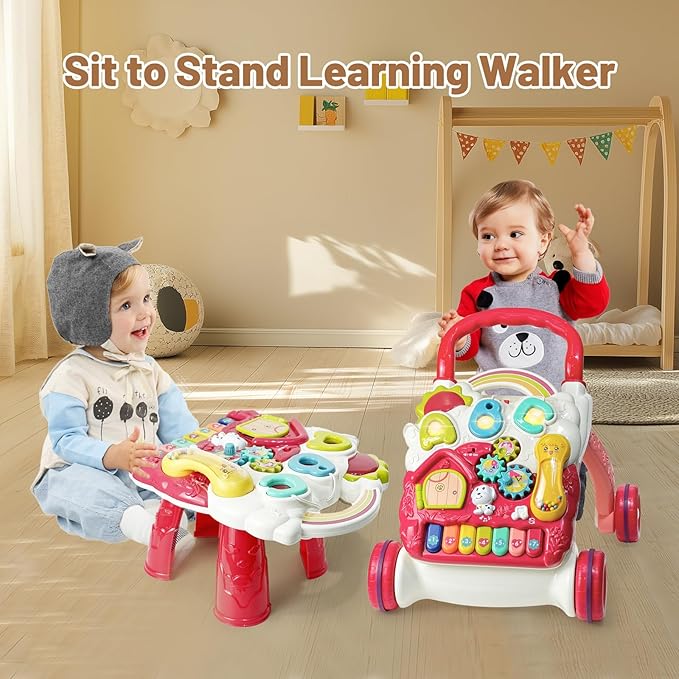 Sit to Stand Baby Walker, Activity Center with Music and Light, Activity Table for Toddlers, Push Toys for Babies Learning to Walk, Early Education Toys for Infant Boys Girls 6 Months Up (Red)