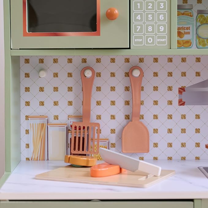 Teamson Kids Little Chef St. Louis Retro Wooden Play Kitchen for Toddlers, Green Pretend Kitchen Set with Ice Maker, Backsplash & 15 Accessories, Toy for Kids Ages 3+