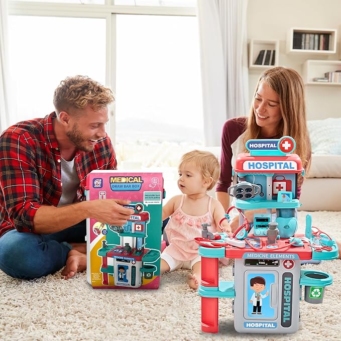 Doctor Kit for Kids 3-5, Toddler Play Set with Rolling Cart, Costume, and Stethoscope, Role Play Kids Doctors Set Educational Birthday Gift for Girls(Pink)