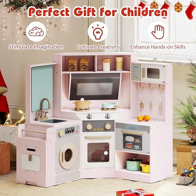 Costzon Corner Play Kitchen, Large Pretend Play Kitchen w/Real Light & Sound, Pull-Out Trash Can, Stoves, Microwave, Oven, Washer, Little Chef Wooden Kitchen Playset for Kids 3+ Years Old (Pink)