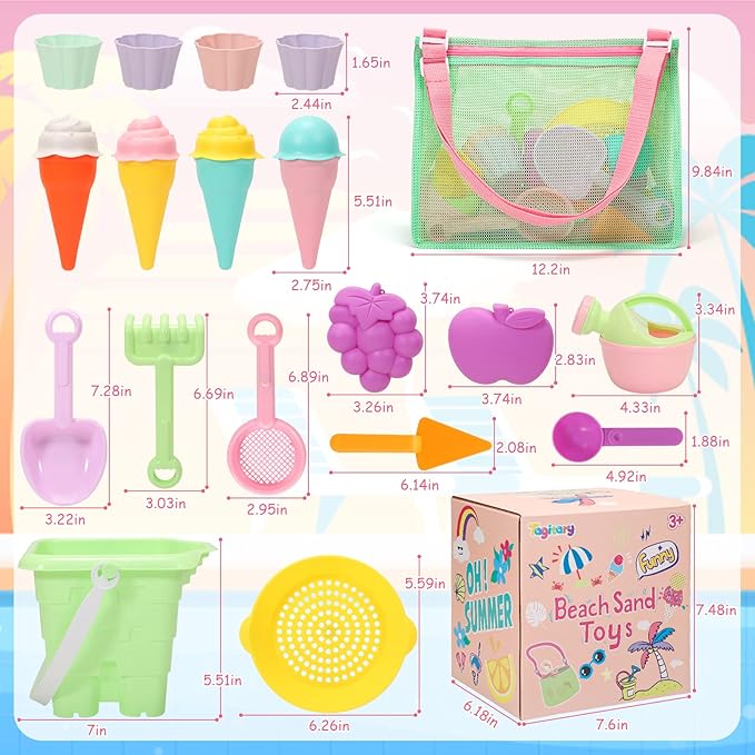 Tagitary Beach Sand Toys for Kids, Beach Toys 23PCS Set with Ice Cream Cake Sand Molds, Mesh Beach Bag, Bucket, Watering Can, Shovel, Rake - Ideal for Toddler Sandbox, Outdoor Play and Beach Travel