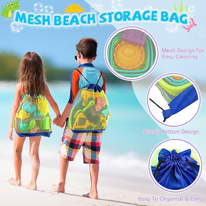 Beach Toys, 40Pcs Sand Toys with 4 Beach Construction Vehicles, 4 Collapsible Beach Bucket, Sand Castle Building Kit, Sand Molds, Shovel Set, Mesh Bag, Summer Outdoor Toys for Kids Ages 4-8