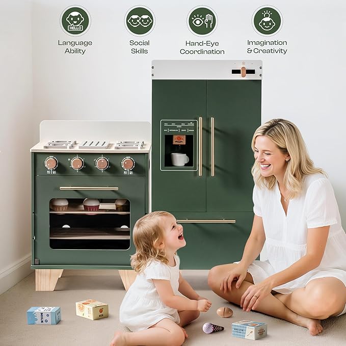 ROBUD Play Kitchen for Kids Toddlers - Wooden Toy Kitchen Set with Play Oven, Play Fridge, 3-in-1 Kids Kitchen Pretend Playset for Girls & Boys 3+