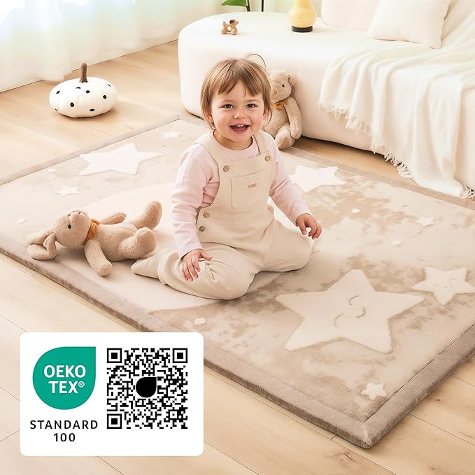 Premium Baby Playmat for Floor 80" x 110" moon&stars – Cloudsoft Coral Velvet Memory Foam Rug for Crawling – Non-Slip, Water-Resistant, Non-Toxic, Easy-Care Muscle Mat – Thick Play Mat for Baby