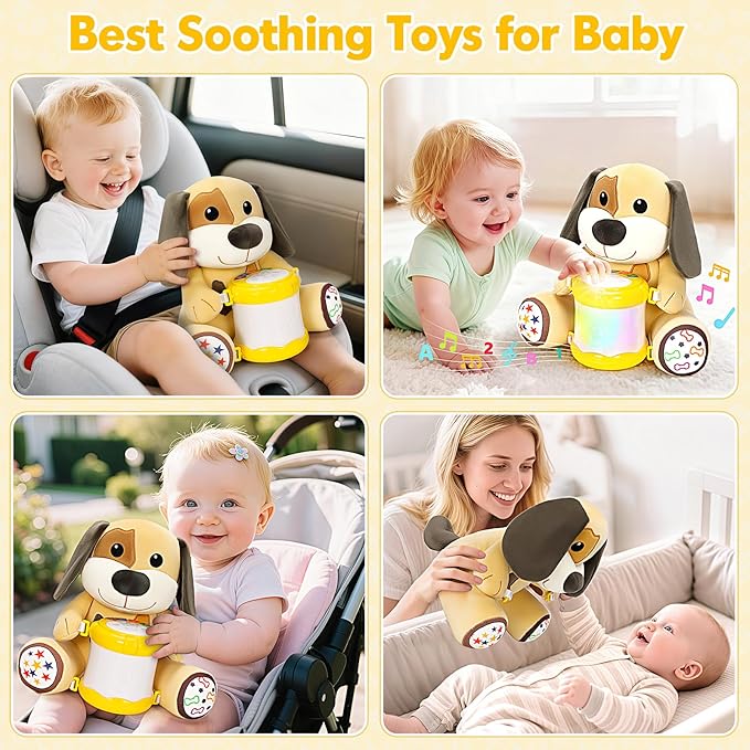 V-Opitos Stuffed Dog Musical Toys for Baby 6-12 Months+, Early Learning Light up Music Drum, Perfect Christmas Birthday Gifts for Boy & Girl Age 1, 2 Years Old