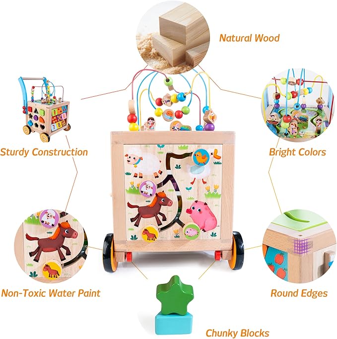 Wooden Baby Walker | Baby Push Walker with 9-in-1 Activity Cube, Sit to Stand Learning Walker Toy with Wheels for Boys Girls, Montessori Activity Center Walker, Adjustable Speed & Height