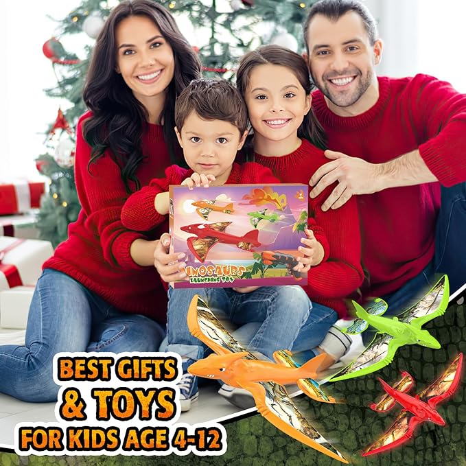 Aiencsai 3 Pack Dinosaur Airplane Launcher Toys for Kids, Foam Airplanes for Kids Boys Toys with Stickers, Outdoor Flying Toys Birthday Gifts for 4 5 6 7 8 9 10 12 Year Old Boys Girls.