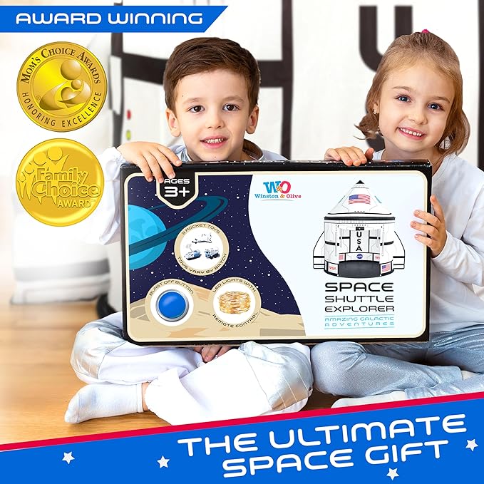 W&O Space Shuttle Explorer Tent with Blast-Off Button, LED Lights & 3 Space Toys โ Rocket Ship Play Tent for Kids Ages 3-5