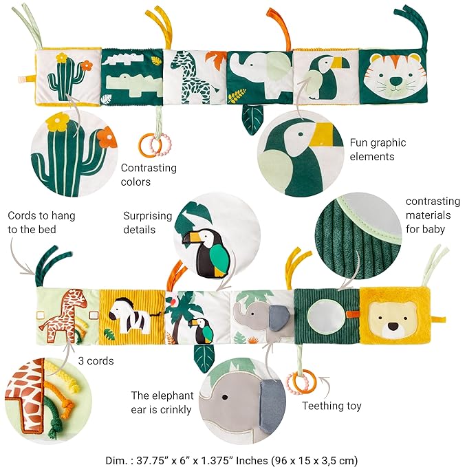 Little Big Friends Soft Crinkle Activity Book for Babies | 2-in-1 Sensory Cloth Book with Mirror, Teething Ring & Textures | Crib Toy for Infants & Toddlers | Attaches Easily | Jungle Theme