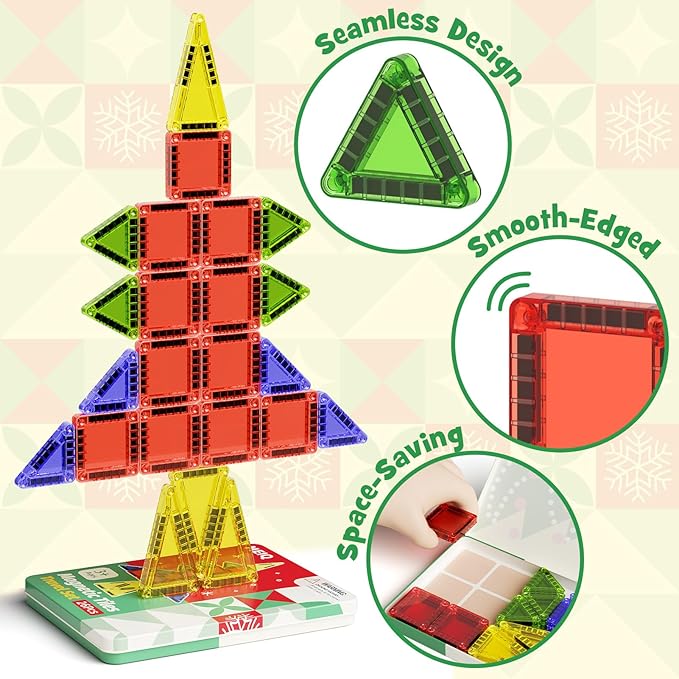 Christmas Magnetic Tiles for Kids, 26 PCs Mini Magnetic Building Blocks with Festive Iron Storage Box, STEM Travel Toys for Toddlers Ages 3-5+, Educational Learning Gift for Boys & Girls