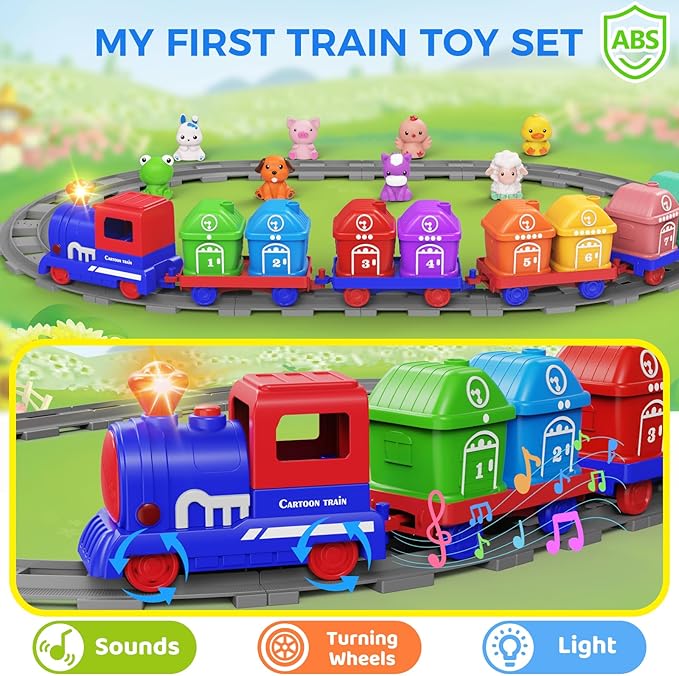 Learning Toys for Toddlers 1 2 3 Year Old,Electric Farm Train Set for Girls 2-4,Counting Matching & Sorting Montessori Train Toy with Farm Animals, Music, Light, Christmas Birthday Gift Baby (blue)