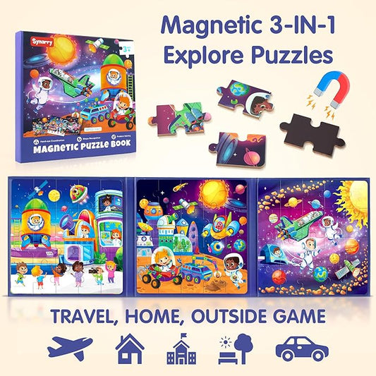 SYNARRY Magnetic Puzzles for Toddlers 3-5, Space Planets Solar System Travel Puzzles for Kids Ages 4-6,Car Airplane Road Trip Activities Games Gifts Toys for 3 4 5 6 Year Old