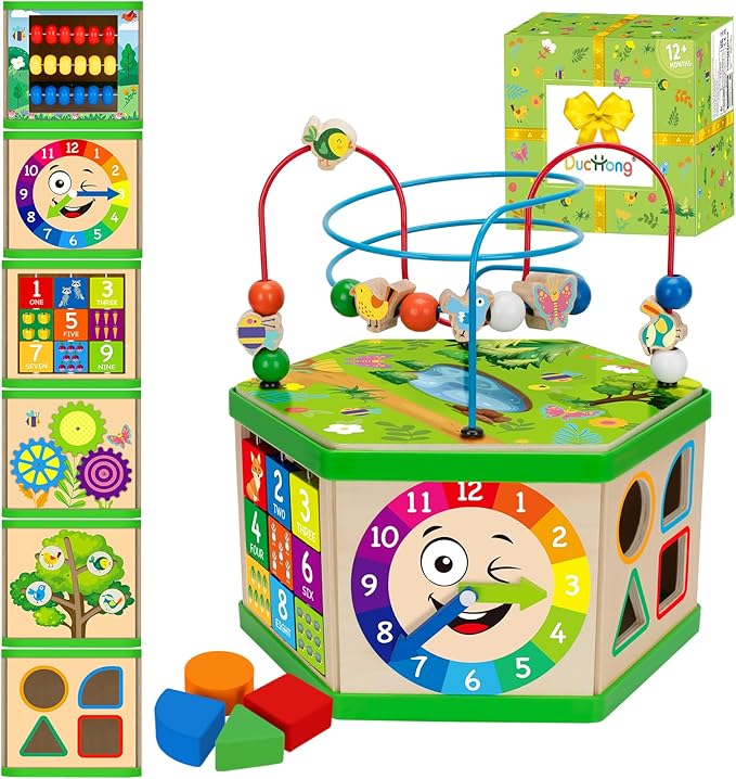 Wooden Activity Cube for 1 Year old, 12-18 Month Boys & Girls, 7-in-1 STEM Montessori Early Developmental Learning Toys for Kids Aged 1-2, Ideal 1st Birthday Gift Toys for Baby, Toddlers (Green)