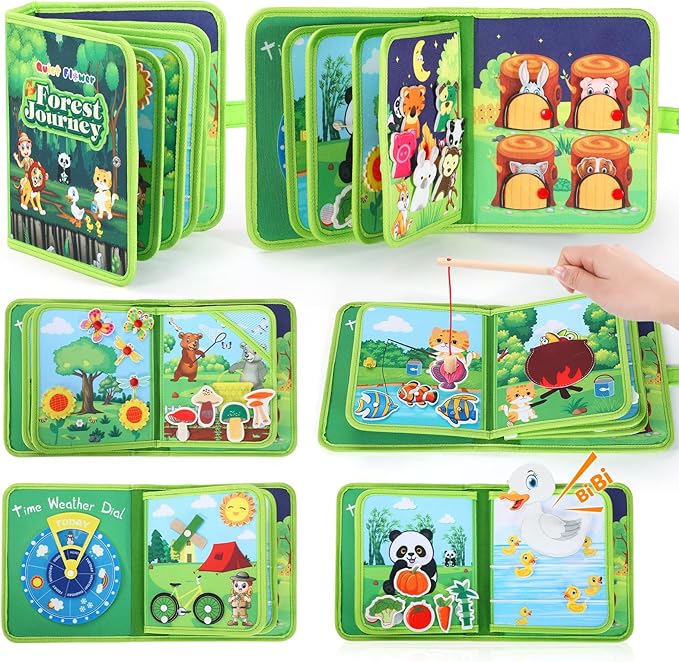 Busy Book for Toddlers 1-3, Montessori Toys Busy Board for 1 Year Old with Fishing Game Finger Puppet Motor Skill, Quiet Airplane Travel Essential Activities 1 2 3 Christmas Birthday Gift Boy Girl