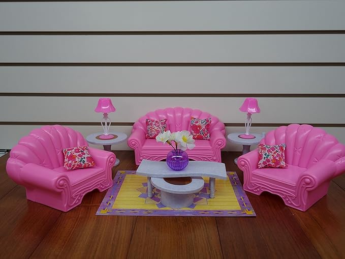 YMCtoys My Fancy Life - Miniature Dollhouse Living Room Furniture Set, Pink Plush Sofa and Table Playset with Decorative Accessories