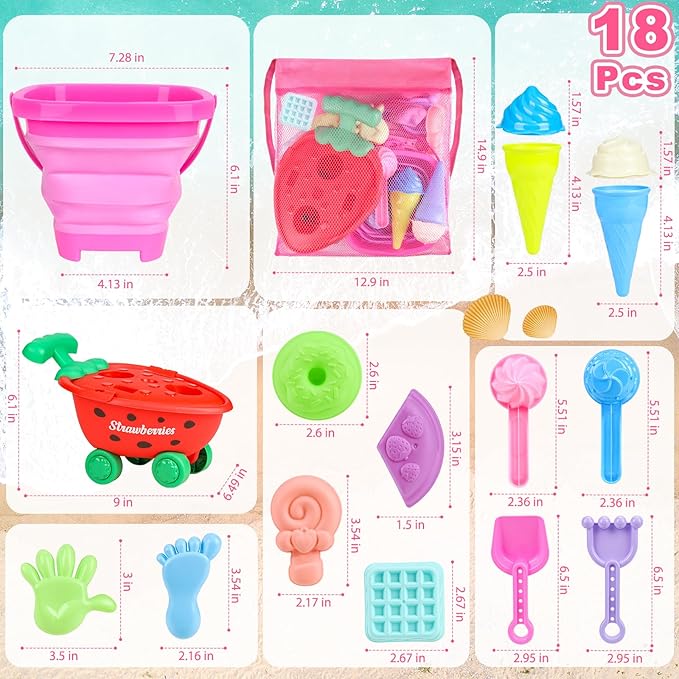 Beach Toys, Ice Cream Sand Toys with Collapsible Beach Bucket, Ice Cream Scoop and Cart, Sand Molds, Mesh Bag, Summer Outdoor Travel Toys for Toddlers 3-5