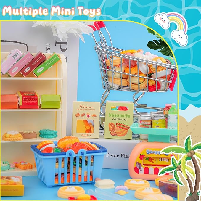 196Pcs Mini Shopping Cart Basket Trolley Grocery Game Model Miniature Drink Bottle Food Pizza with Box Supermarket Metal Handcart Toy Doll House Store Cosplay Pretend Kitchen Shelf Cash Register