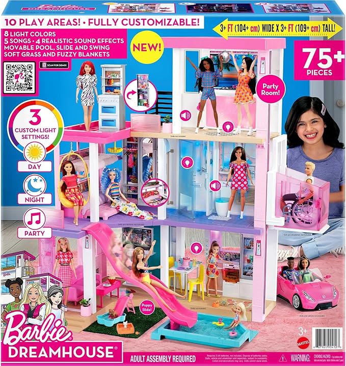 Barbie DreamHouse Dollhouse with 75+ Accessories and Wheelchair Accessible Elevator, 10 Play Areas, 3 Custom Light Settings & Music (Amazon Exclusive)