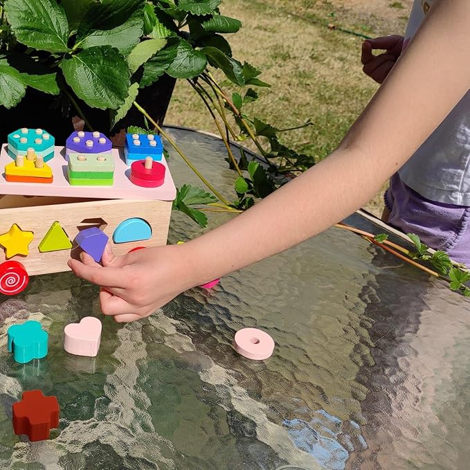 Montessori Wooden Shape Sorter Toy - Shape Stacking Blocks for Toddlers 1-3, Sensory Toys with 6 Pieces