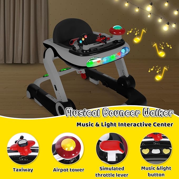 6 in 1 Baby Walker, Baby Activity Center for Toddler, Walker Rocker Bouncer w/Adjustable Height Speed, Learning-Seated & Walk-Behind, Infant Walker w/Feeding Tray & Music Toys, Black