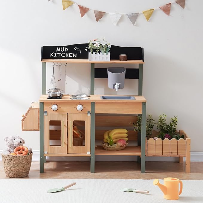 ROBOTIME Mud Kitchen for Kids Outdoor, Wood Outdoor Kitchen with Insect Observation Box & Planter Box, Toddler Play Kitchen with Removable Sink & Faucet, Pretend Outdoor Playset for Garden Fun