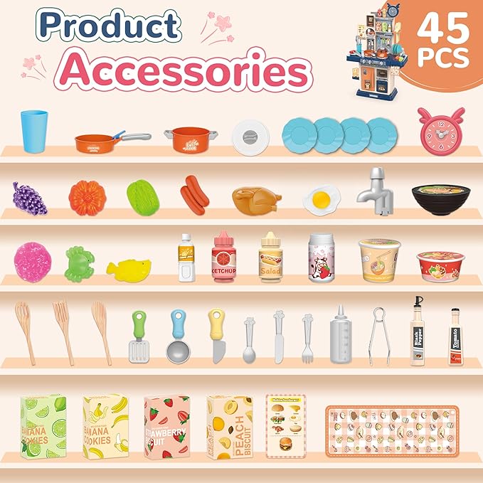 cossy Kids Play Kitchen,Toddler Kitchen with Sound and Light,Cooking Stove with Steam,Play Food Toy and Kitchen Accessories,Play Kitchen for Toddlers,Blue