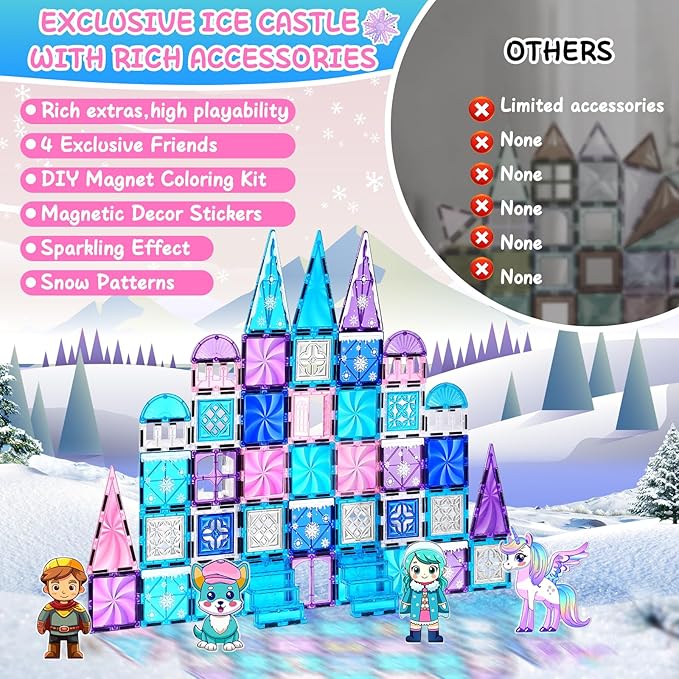 Princess Castle Magnetic Tiles 112PCS with 4 Dolls 2 Stairs & Magnetic Art Decors Kit, Diamond Blocks Magnet Tiles for Kids 3-5 4-8-12, Magnet STEM Princess Toys for 3 4 5 6 7 8+ Girls Kids Xmas Gifts