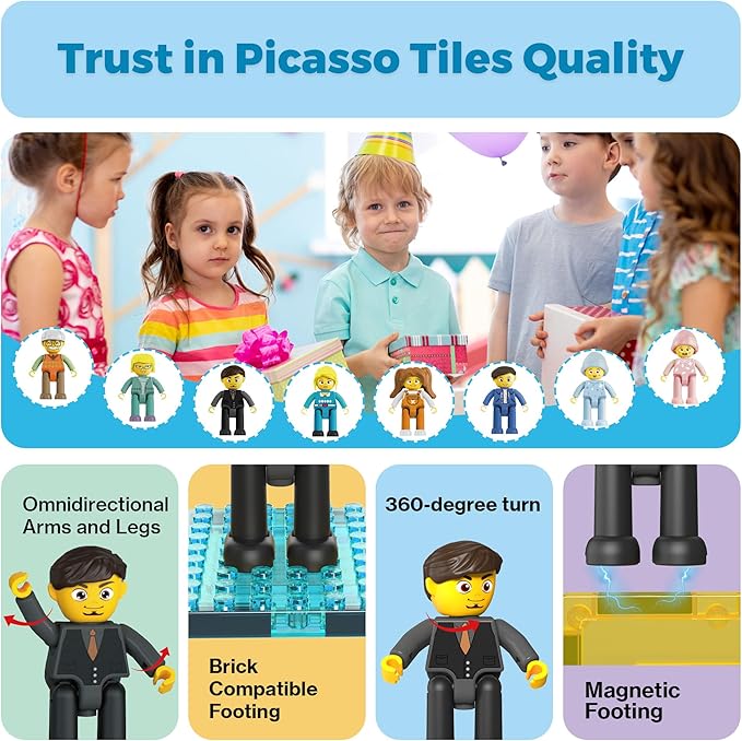 PicassoTiles 8 Piece Magnetic Action Figures Family Character Set Compatible with Magnet Tile Building Blocks STEM Educational Toy for Kids Pretend Play Construction Expansion Pack Creative Play PTA11