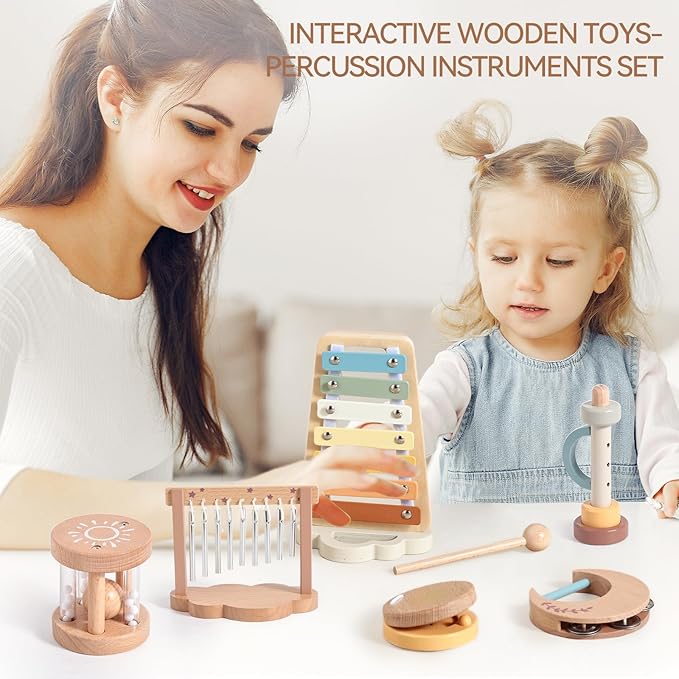 Promise Babe Wooden Xylophone Musical Instrument Sets Toy for Kids, Rattle Bell Montessori Cloud Toddler Music Percussion Toys, Christmas Birthday Gifts for Boys Girls 3 Year+