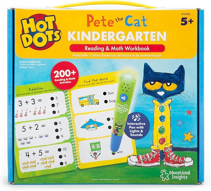 Educational Insights Hot Dots Pete The Cat Kindergarten Reading & Math Workbook - Kindergarten Workbooks with Interactive Pen, Homeschool Learning Books, Build Early Reading & Math Skills, Ages 5+