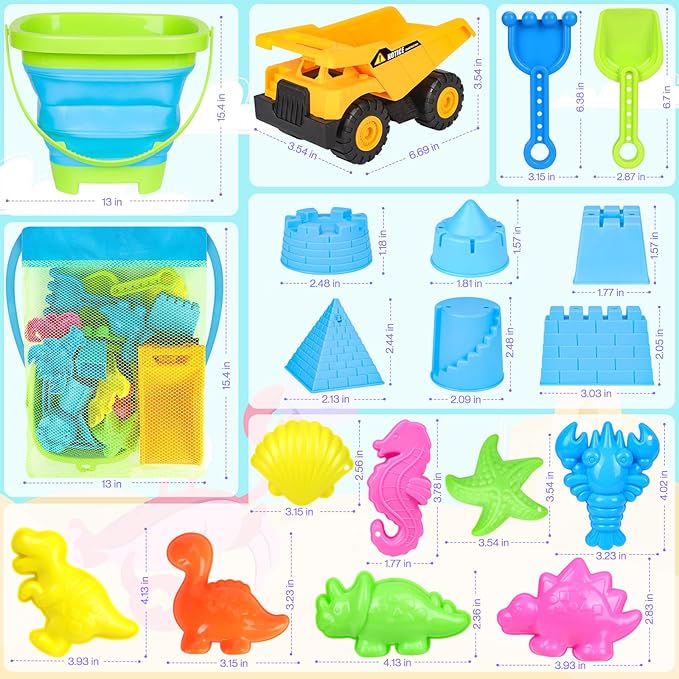 Beach Toys, Sand Toys for Toddlers 3-5, Sandbox Toys with Dump Truck, Collapsible Beach Bucket, Sand Castle Building kit, Sand Molds, Beach Shovel, Mesh Bag, Travel Toys for Kids Ages 4-8