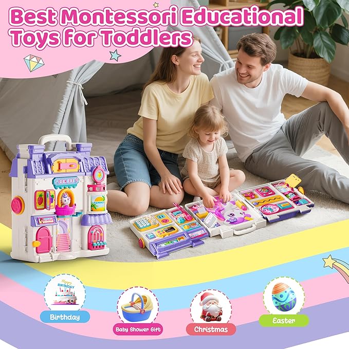 Busy Board for 1 Year Old Girl Gifts, Montessori Toys for 1 2 Year Old - 56+ Activities Bilingual Music Learning Sensory Toys for Toddlers 1-3 - Birthday Gift for 1+ Year Old Girl Boy