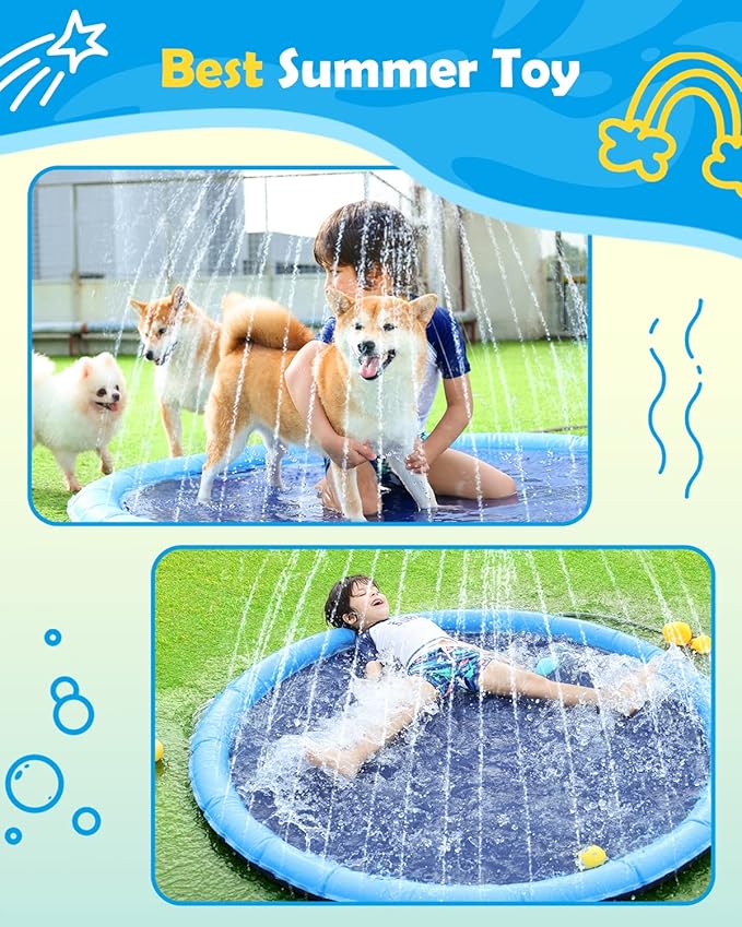 Peteast Splash Pad for Dogs & Kids - Anti-Slip Dog Pool for Large Dogs, 0.58 mm Thickened Durable Outdoor Water Play Mat, Summer Sprinkler Toy for Backyard (67in, Blue)